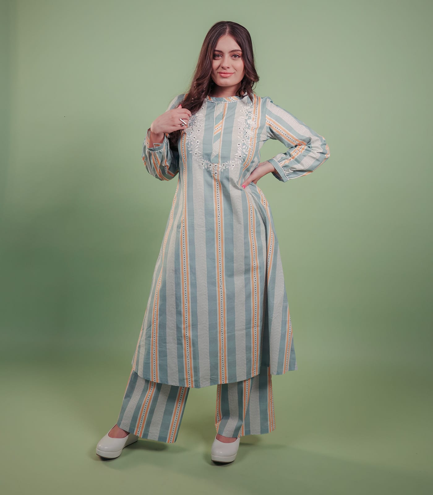 Printed Striped Kurta Set