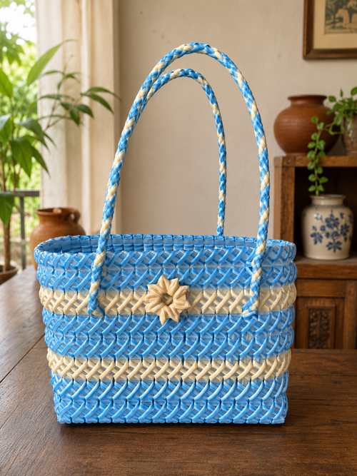 Azure Bloom Handwoven Tote Bag (Small)