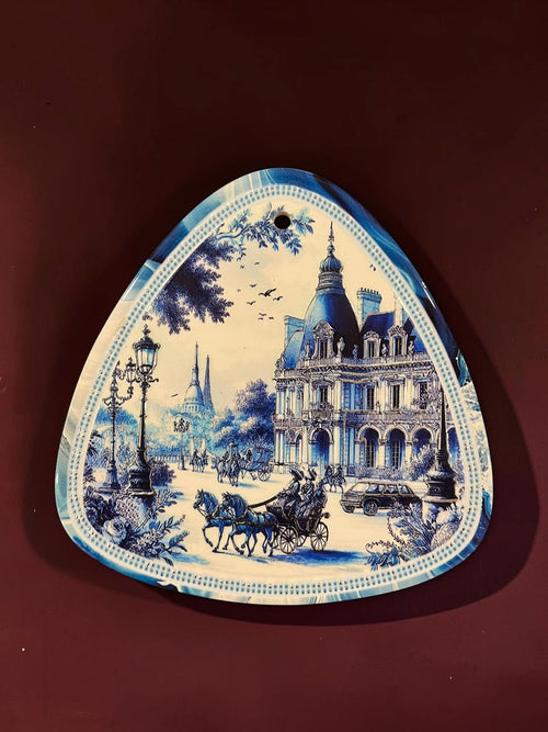 Small Blue & White Triangular Vintage Wall Hanging Plaque