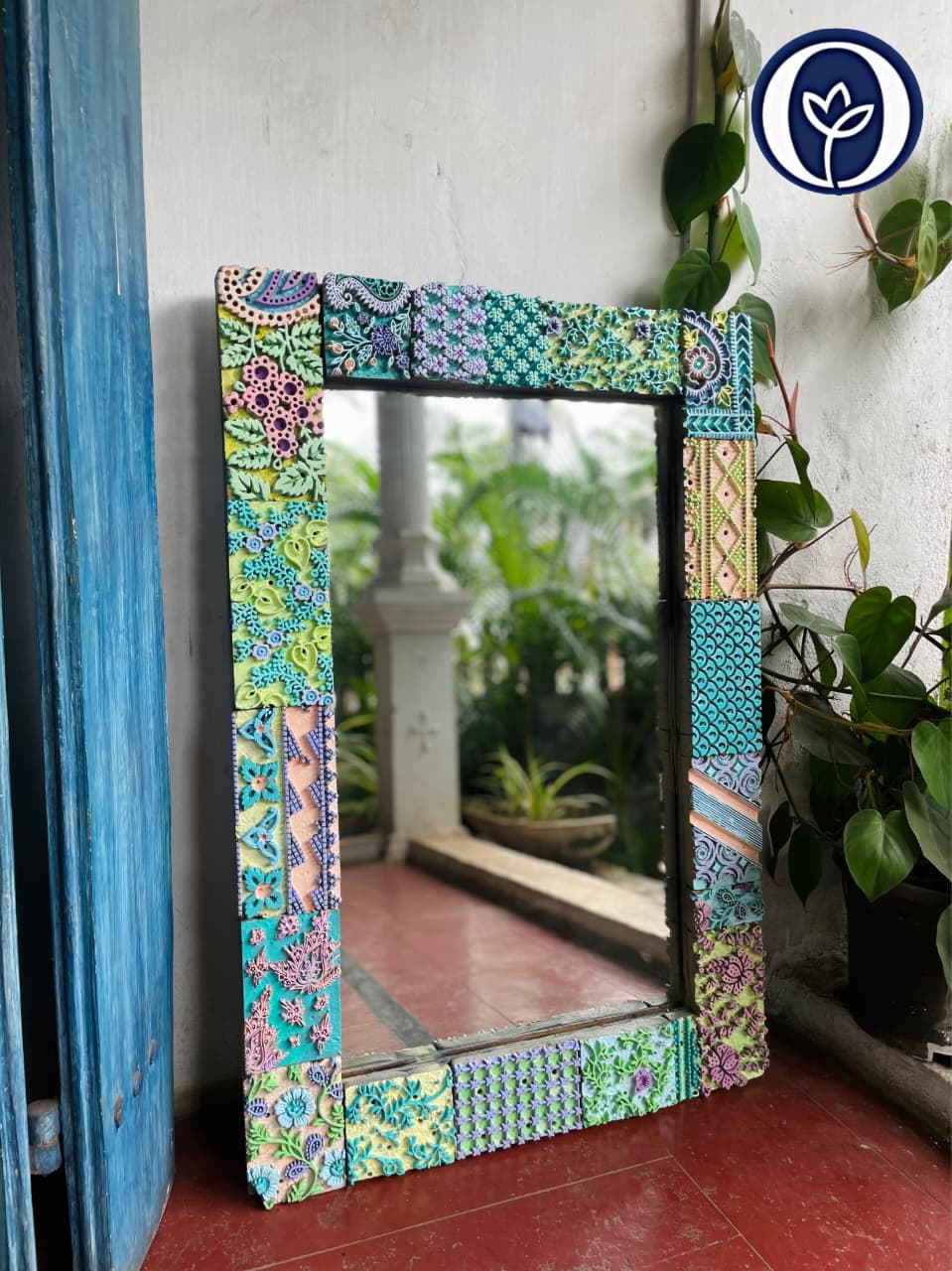 Mirror With Carving Design Hand Painted