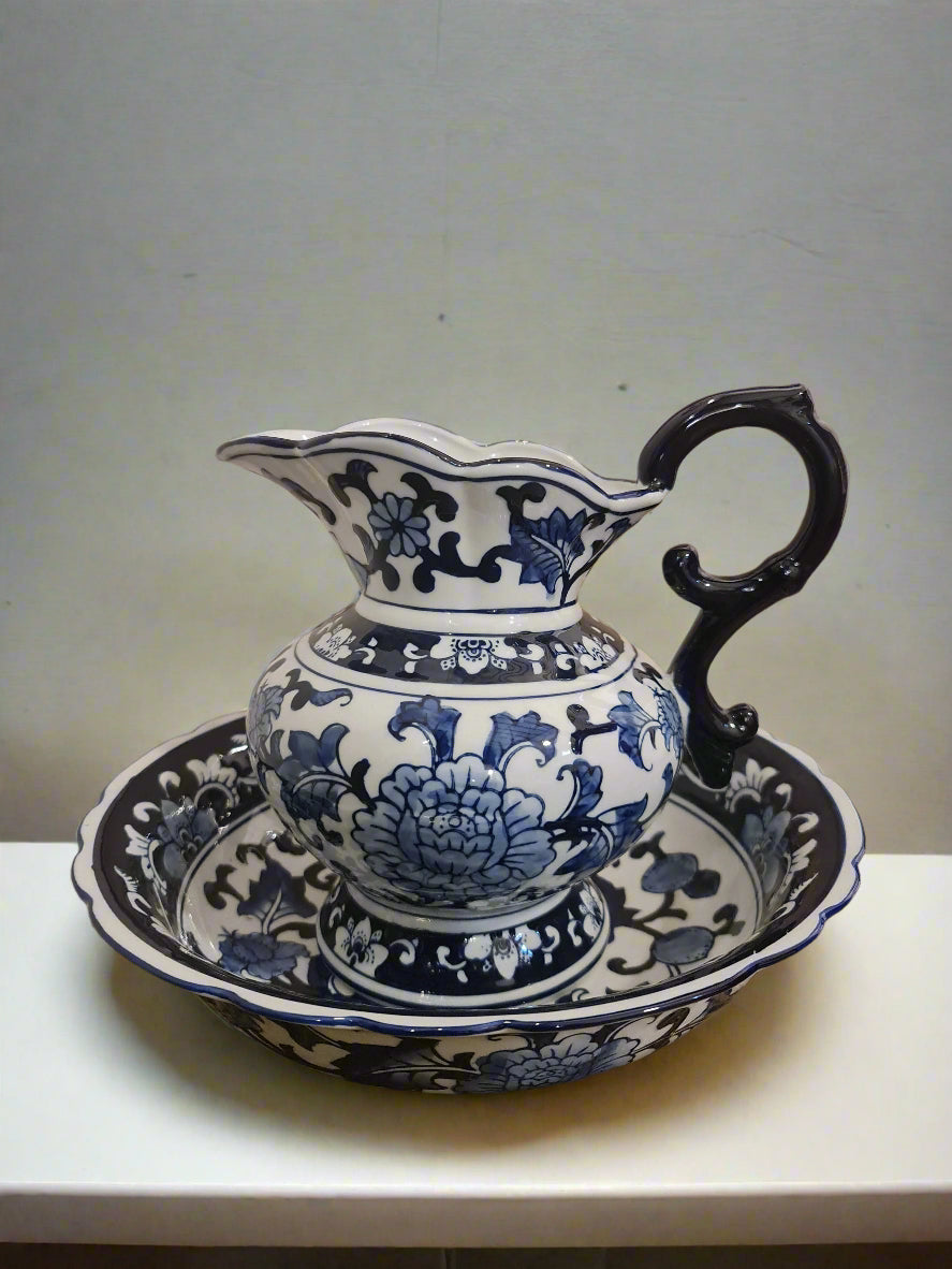 Blue Pottery Basin And Jug