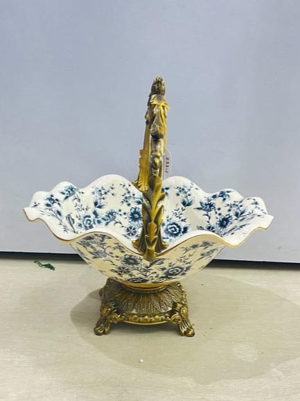 Blue Pottery Bowl With Golden Handle