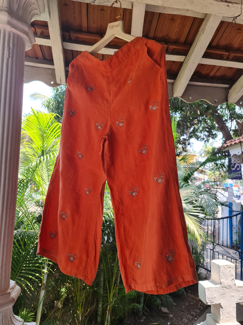 Linen Orange Pant With Embro