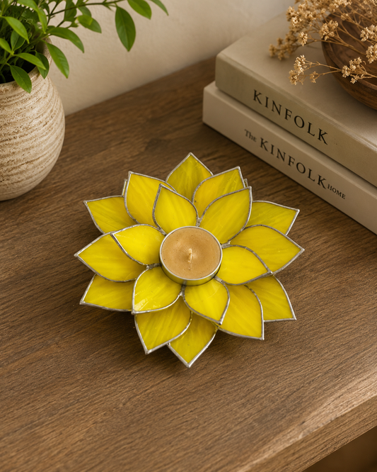 Yellow Lotus Stained Glass Tealight Holder
