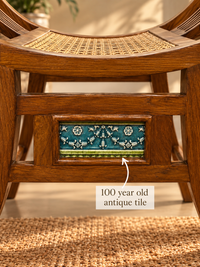 Wooden Curule Cane Bench With Antique Green Tile