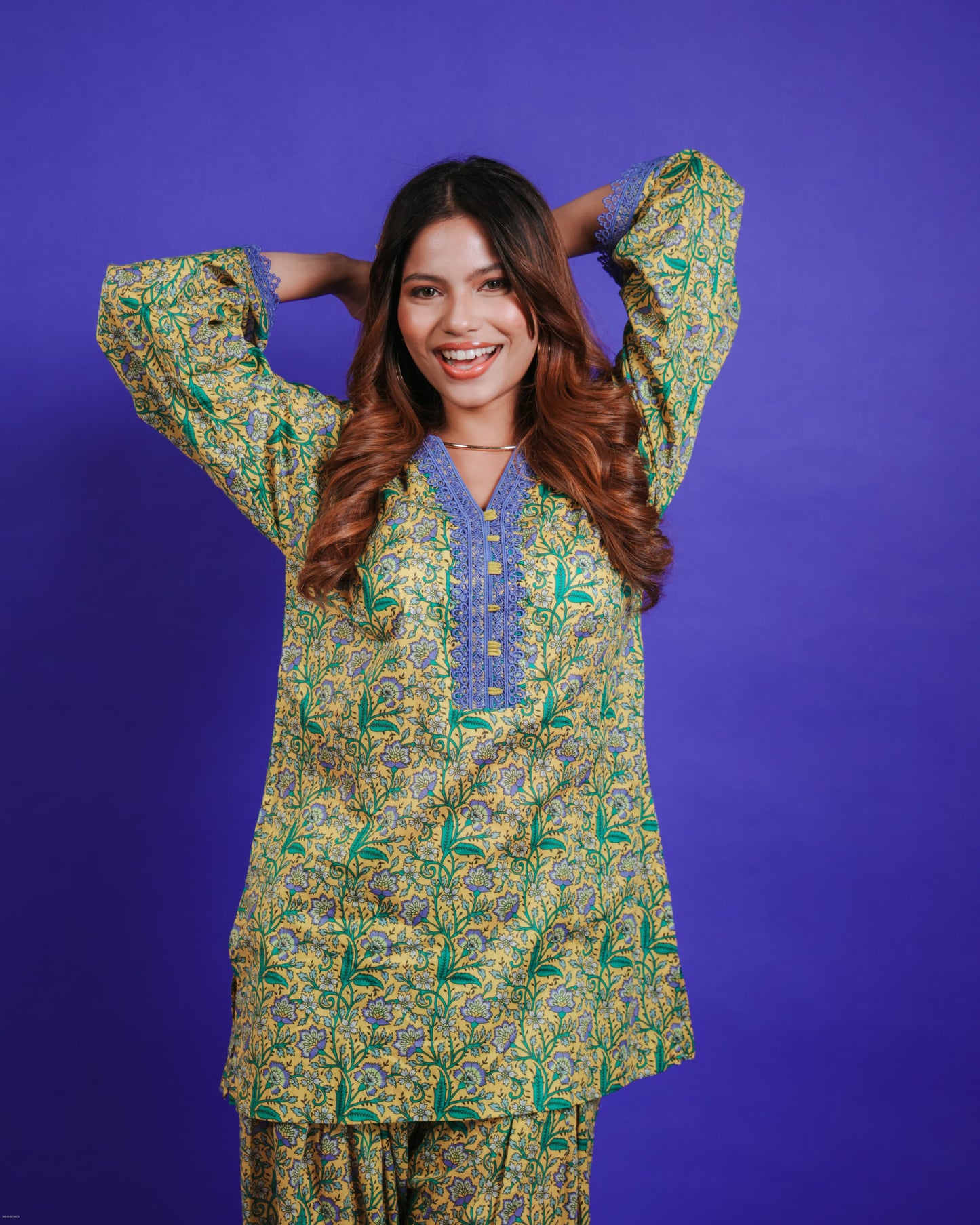 LIME YELLOW PRINTED SHORT KURTA SET