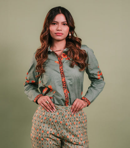 Sage Green & Orange Printed Shirt & Pant Set