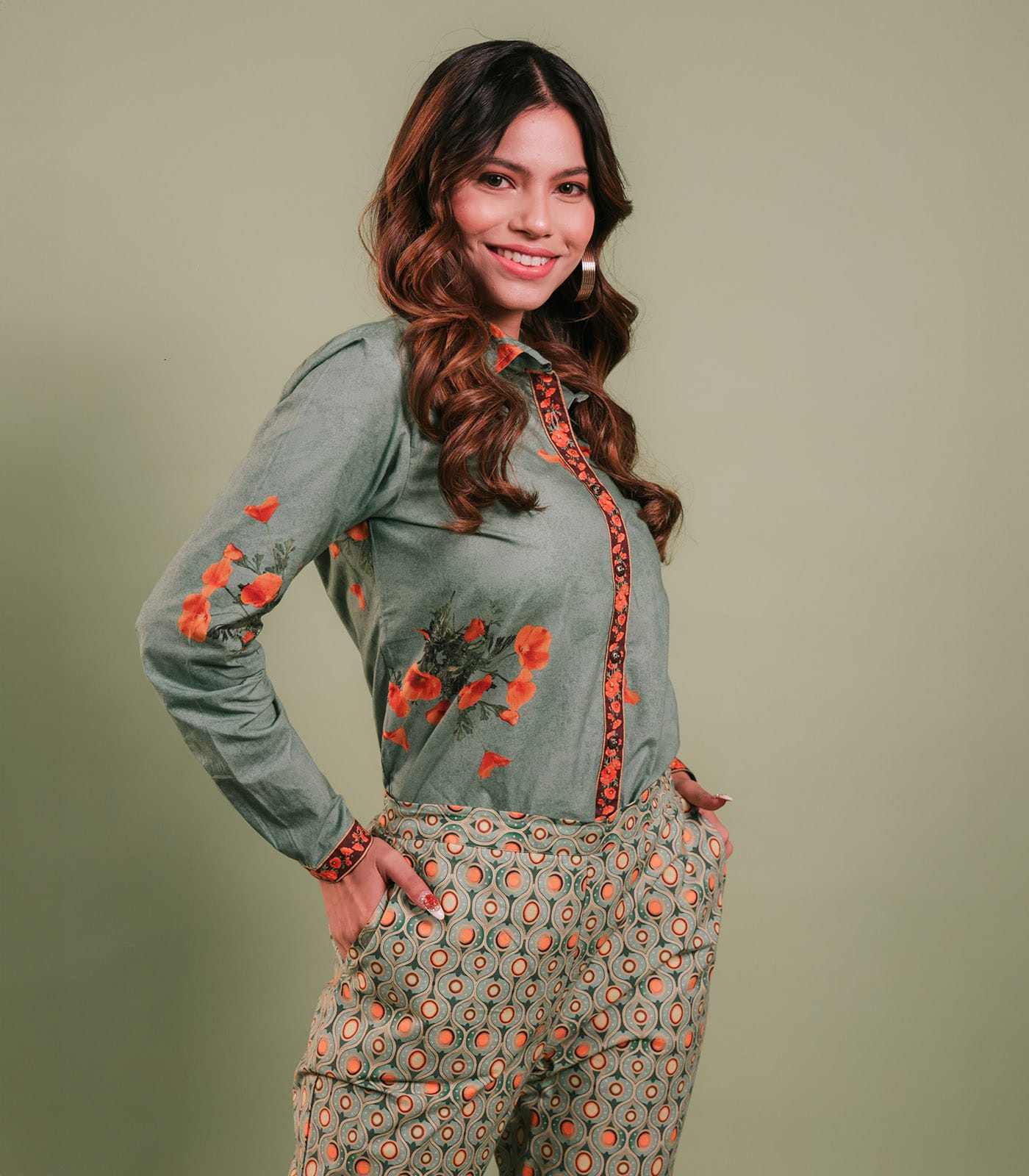 Sage Green & Orange Printed Shirt & Pant Set