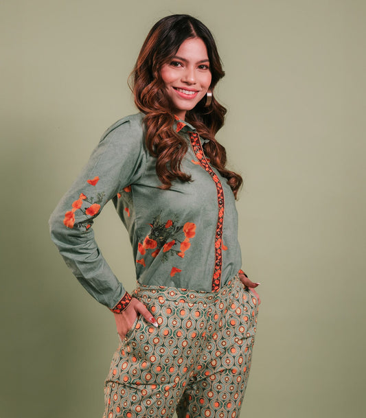 Sage Green & Orange Printed Shirt & Pant Set