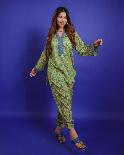 LIME YELLOW PRINTED SHORT KURTA SET