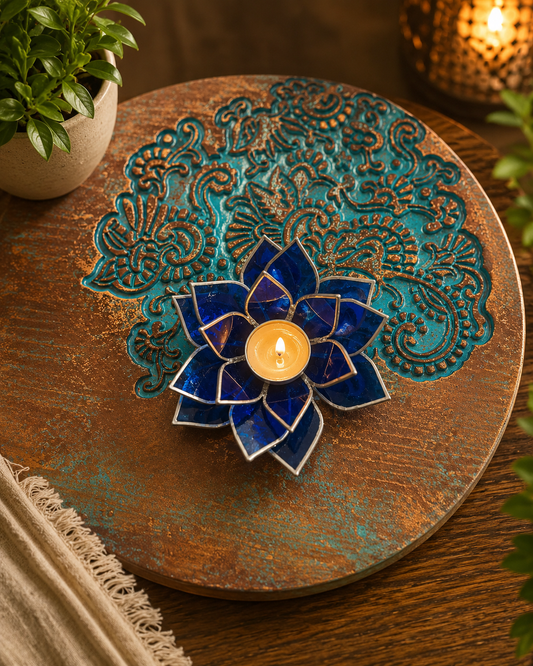 Blue Lotus Stained Glass Tealight Holder