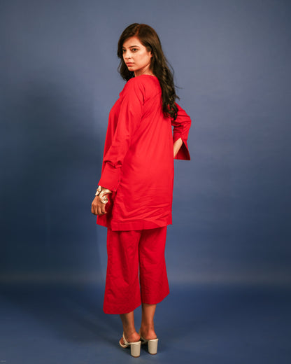 Red Lawn Short Kurta & Chikankari Pants