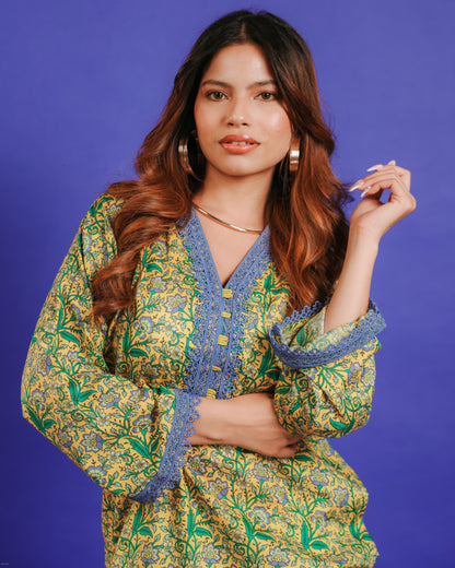 LIME YELLOW PRINTED SHORT KURTA SET