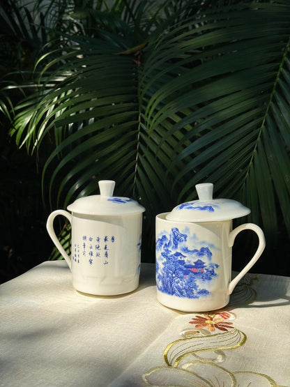 blue pottery mug with lid