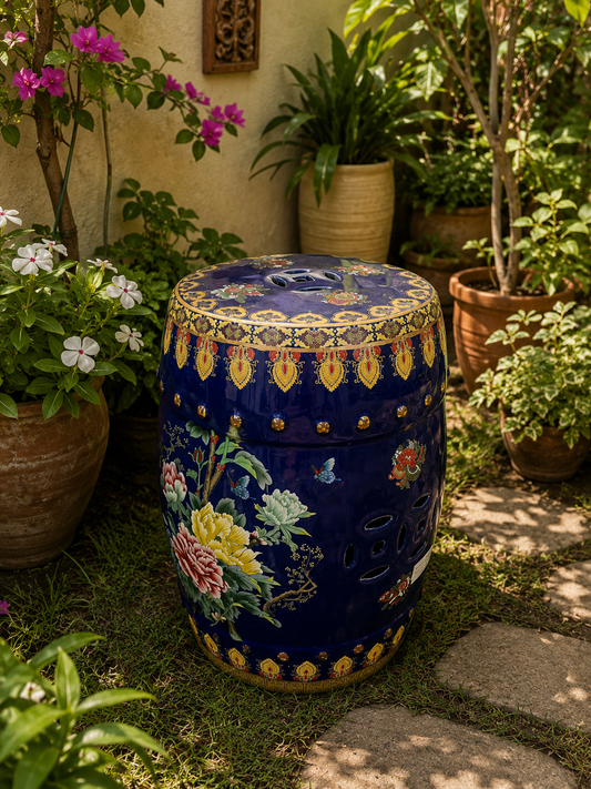 Royal Blue Floral Ceramic Garden Stool