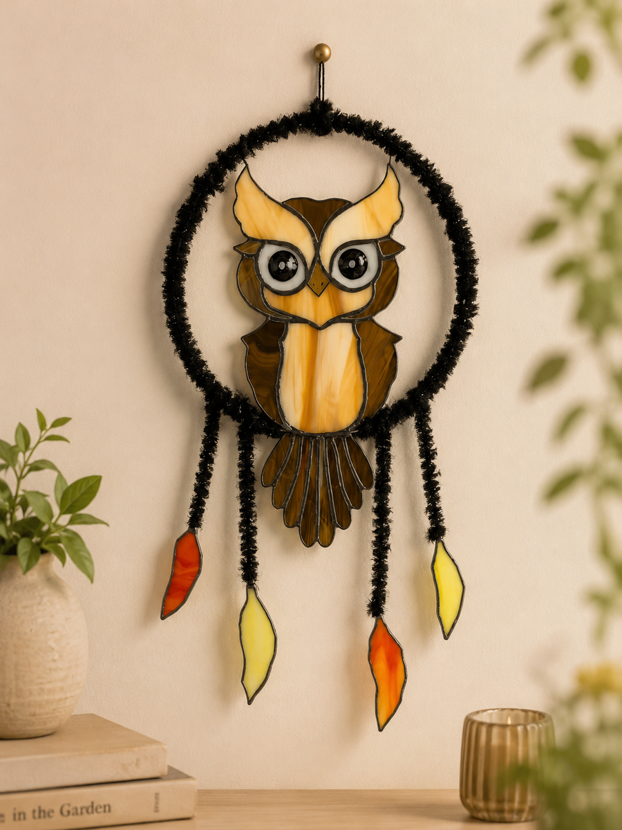 Owl Dreamcatcher Stained Glass Wall Hanging