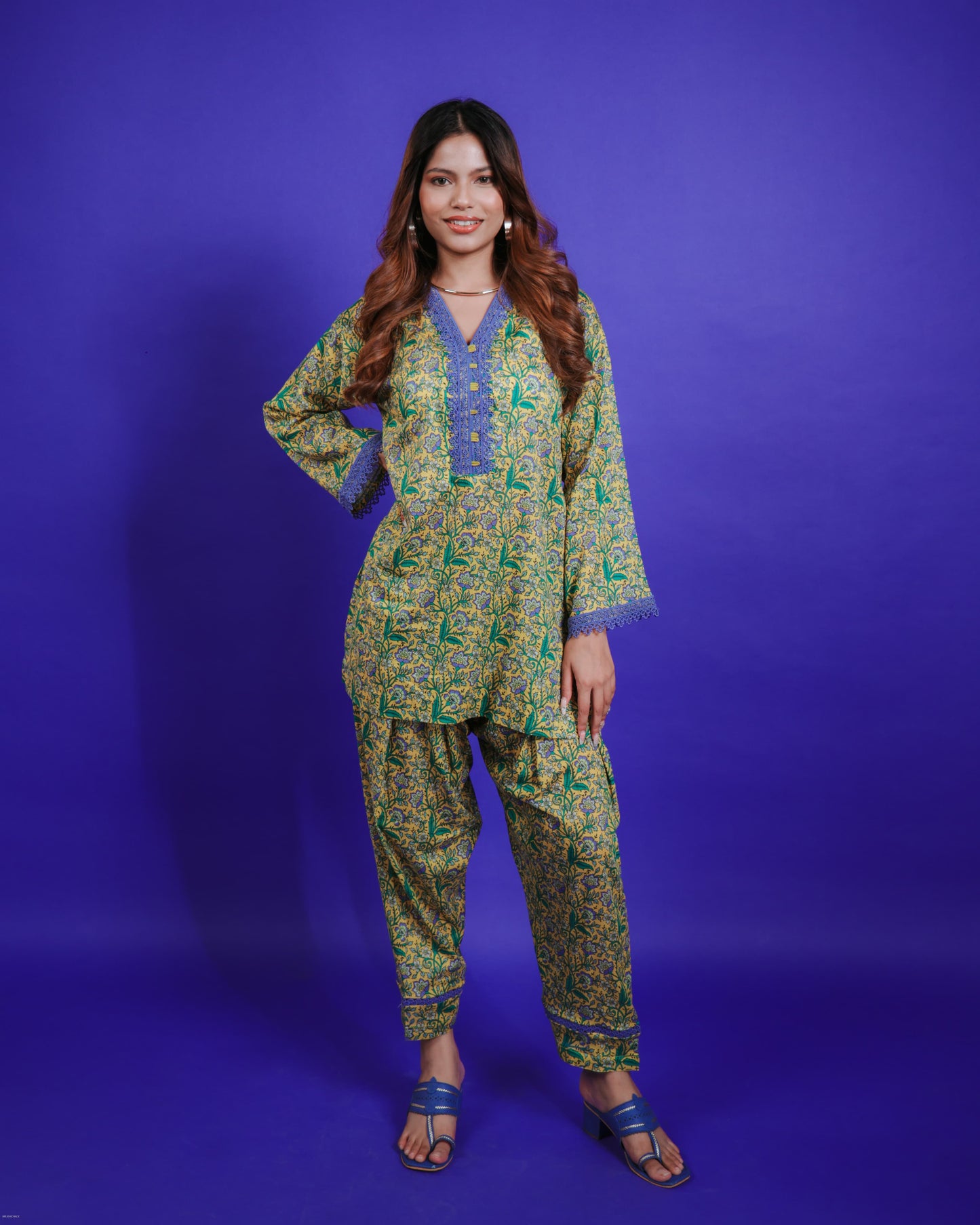 LIME YELLOW PRINTED SHORT KURTA SET