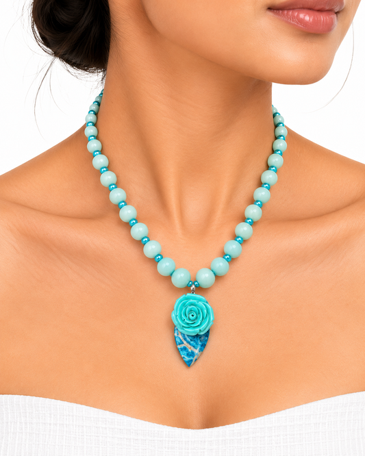 Aqua Beaded Rose Pendant Necklace