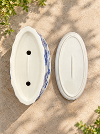 Blue Pottery Oval Ceramic Leaf Design Planter with Saucer