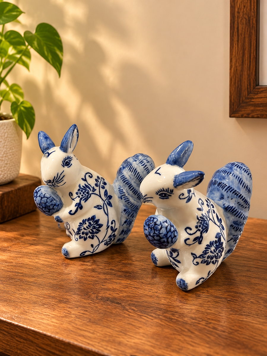 Blue & White Floral Ceramic Squirrel pair