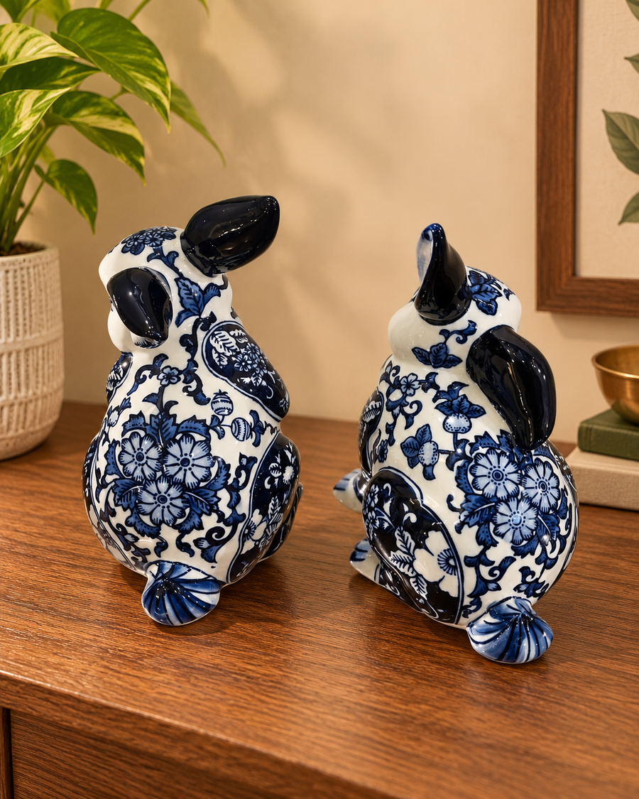 Blue & White Floral Ceramic Rabbit pair