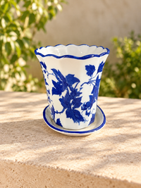 Blue Pottery Oval Ceramic Leaf Design Planter with Saucer