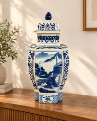 Blue and white Japanese Warrior Art Ceramic Jar With Lid