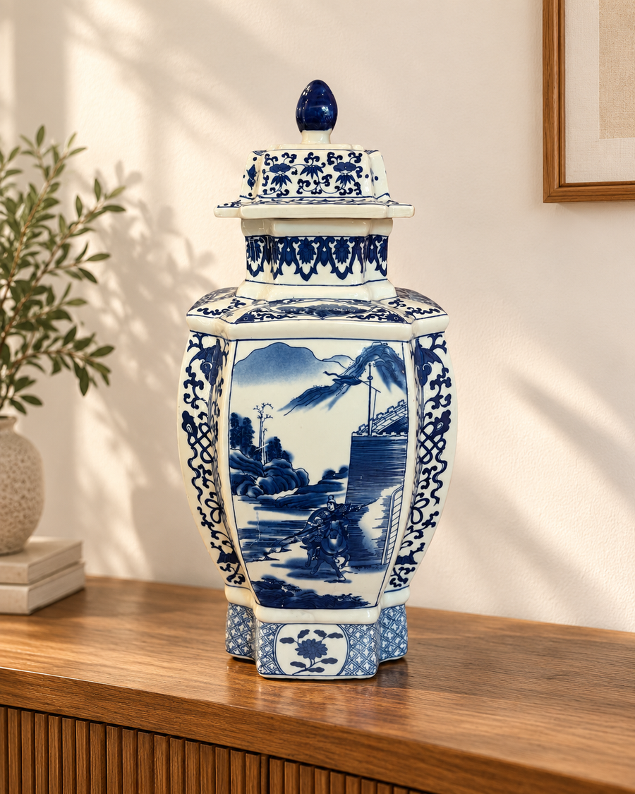 Blue and white Japanese Warrior Art Ceramic Jar With Lid
