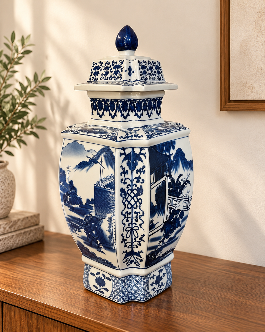 Blue and white Japanese Warrior Art Ceramic Jar With Lid
