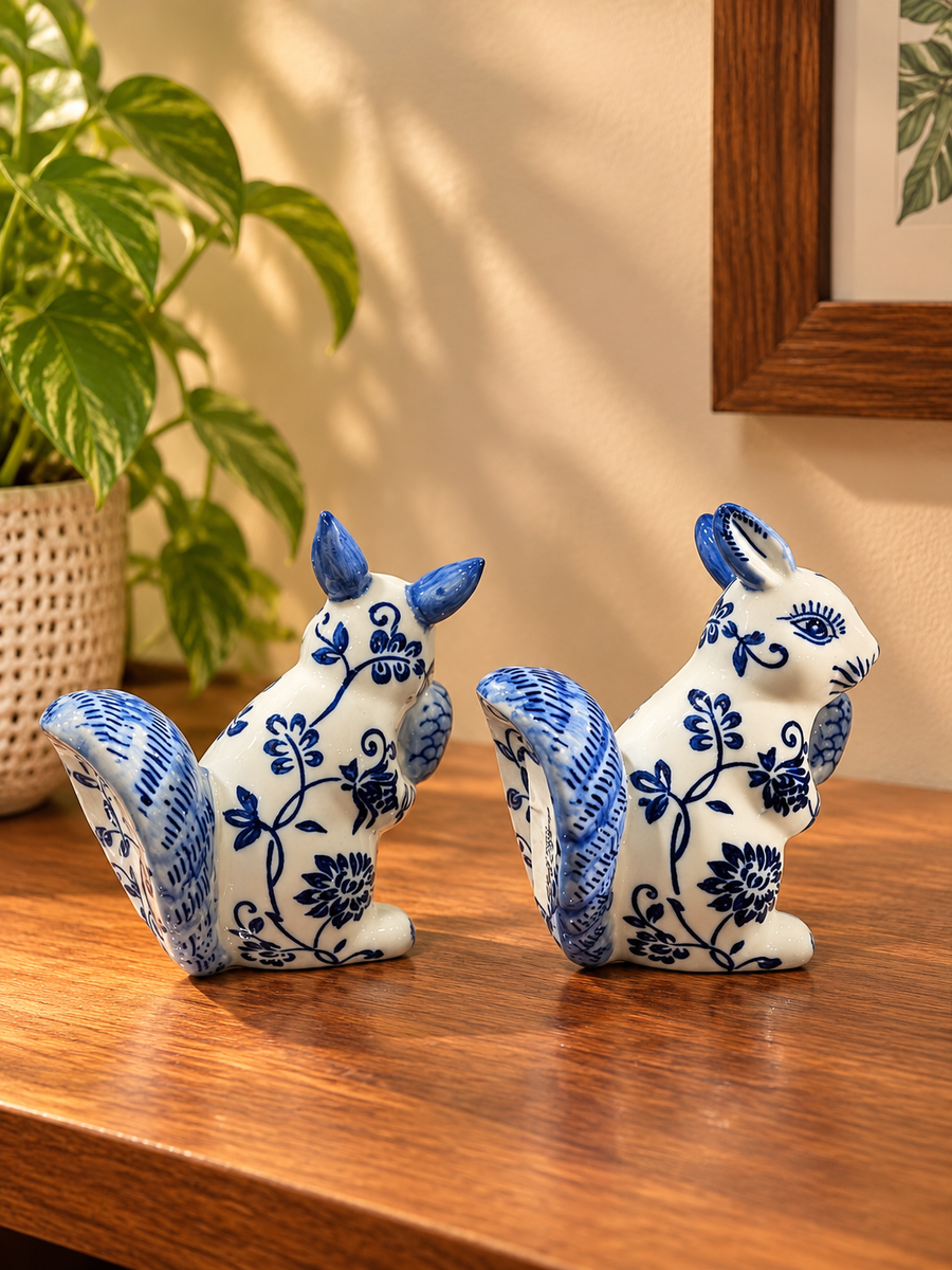 Blue & White Floral Ceramic Squirrel pair