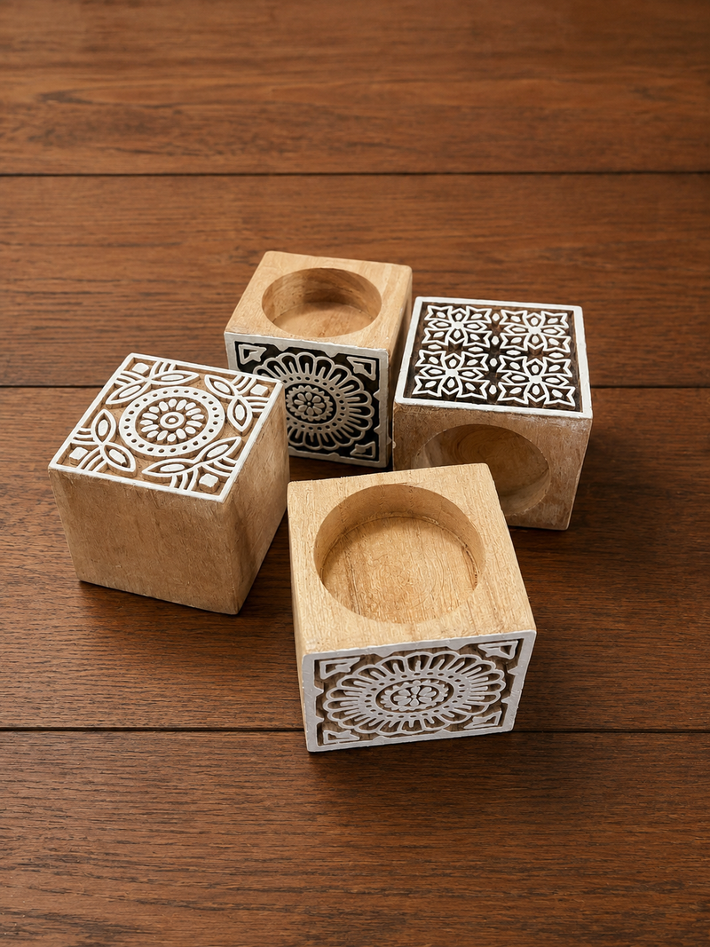 Floral Mandala Carved Wooden tealight Holder