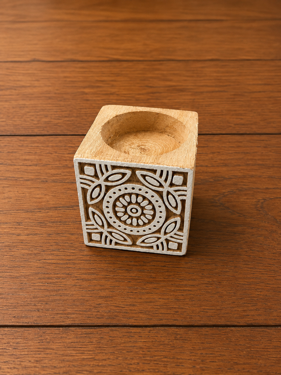 Floral Mandala Carved Wooden tealight Holder