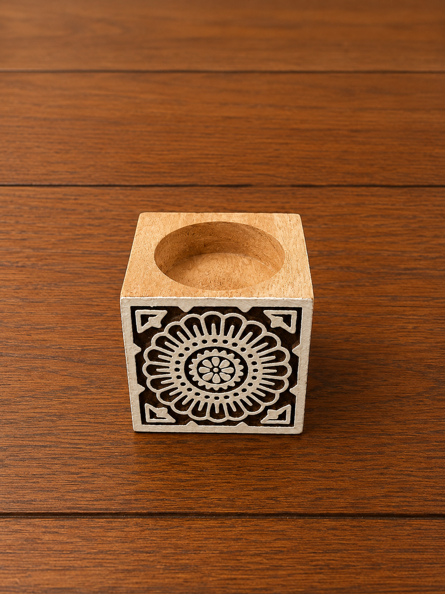 Floral Mandala Carved Wooden tealight Holder