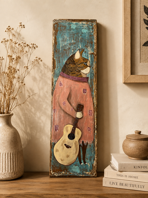The Guitarist Cat – Hand-Painted Wood Art