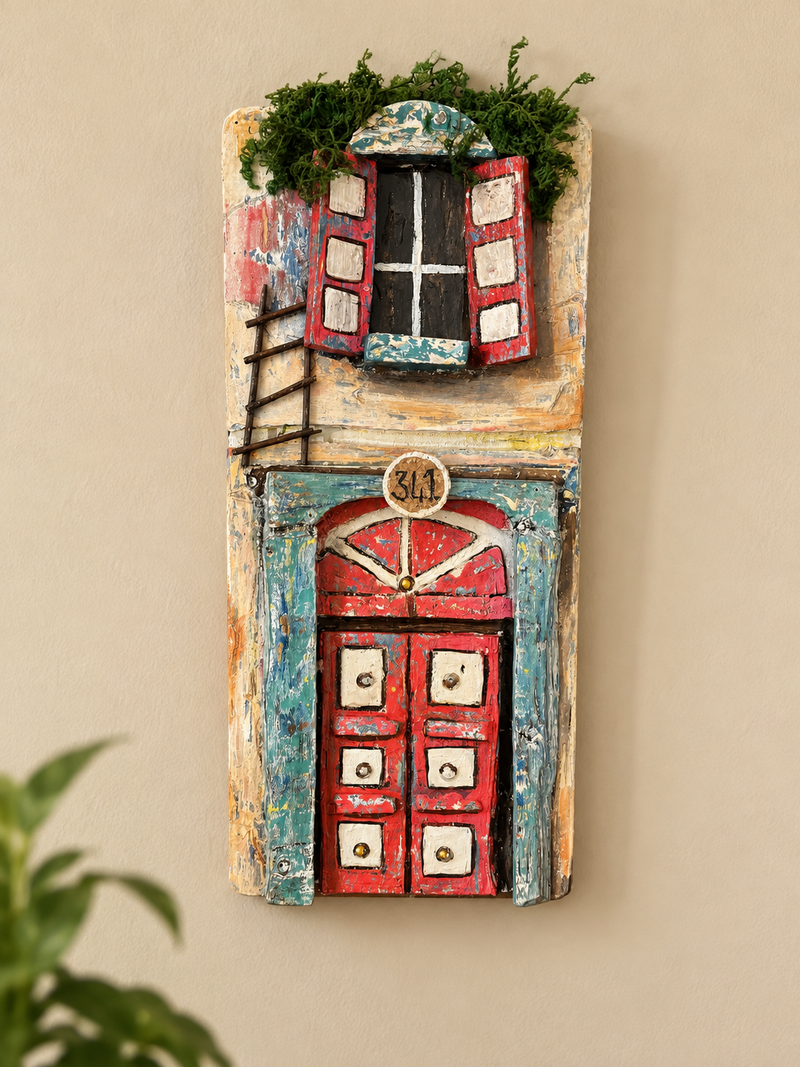 Handcrafted Rustic Mediterranean Miniature Façade Ladder And Plants Wall Hanging
