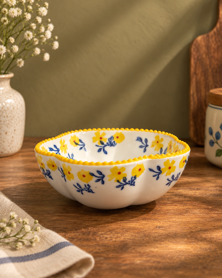 Yellow Rim Floral Dessert Bowl