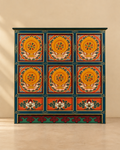 Teal And Orange Tibetan Mandala Wooden Storage Cabinet
