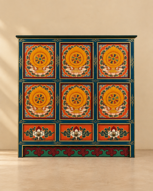 Teal And Orange Tibetan Mandala Wooden Storage Cabinet