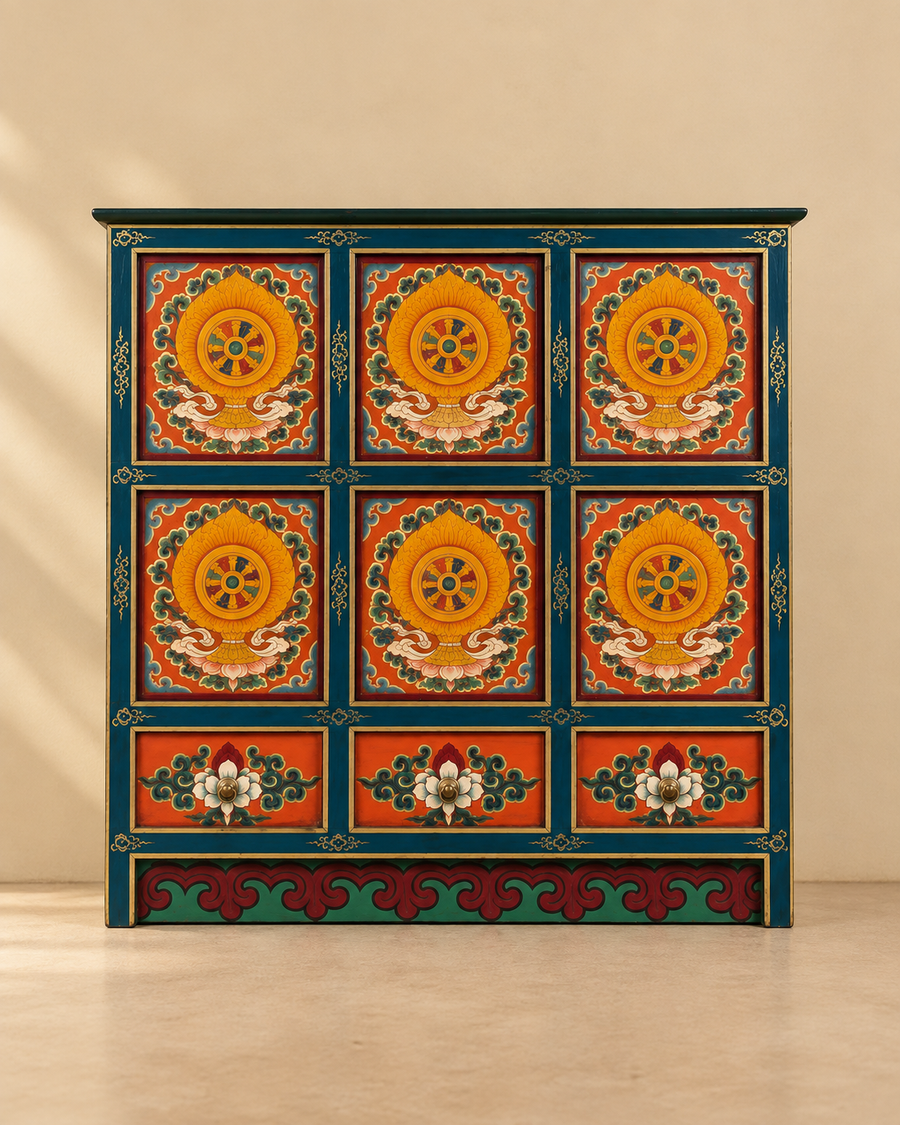 Teal And Orange Tibetan Mandala Wooden Storage Cabinet