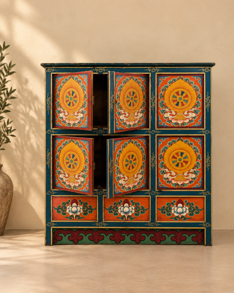 Teal And Orange Tibetan Mandala Wooden Storage Cabinet