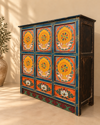 Teal And Orange Tibetan Mandala Wooden Storage Cabinet