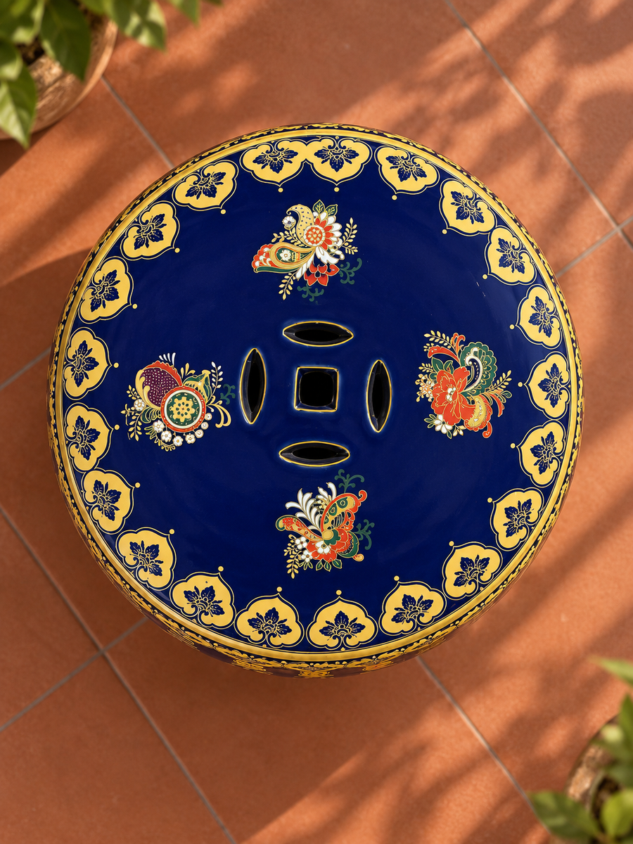 Royal Blue Floral Ceramic Garden Stool