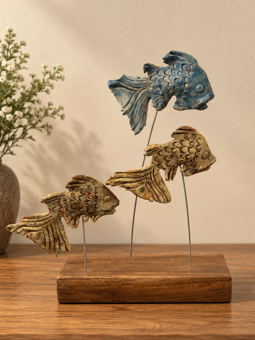 Trio of Swimming Fish Wired On Teak Wood