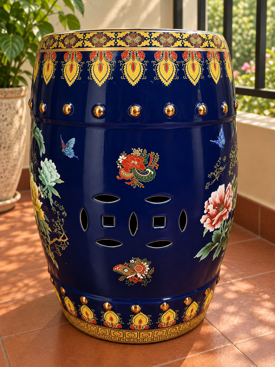 Royal Blue Floral Ceramic Garden Stool