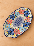 Floral Blue Scalloped Ceramic Platter