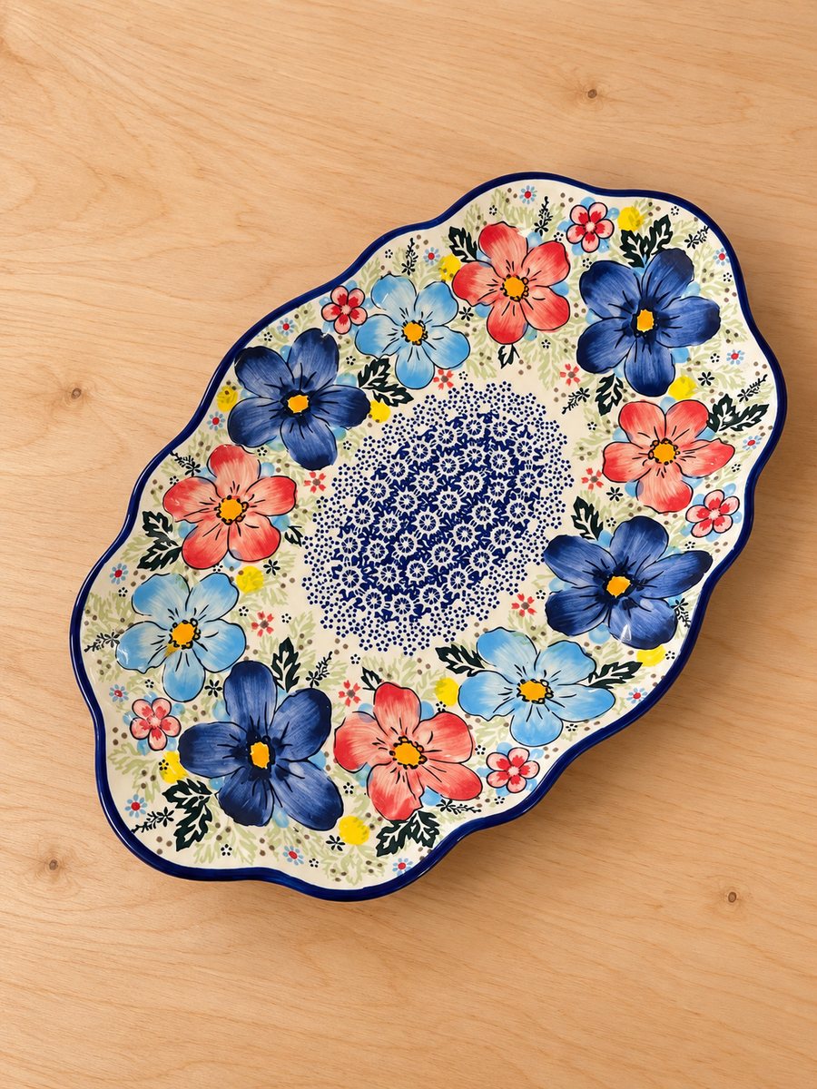Floral Blue Scalloped Ceramic Platter