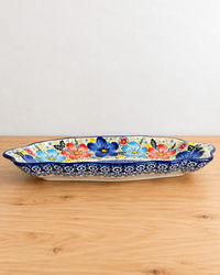 Floral Blue Scalloped Ceramic Platter