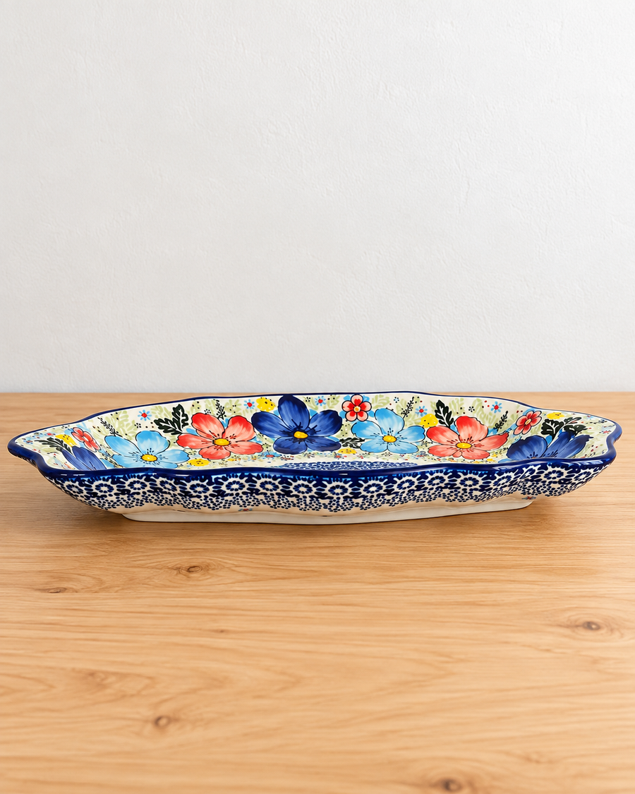 Floral Blue Scalloped Ceramic Platter