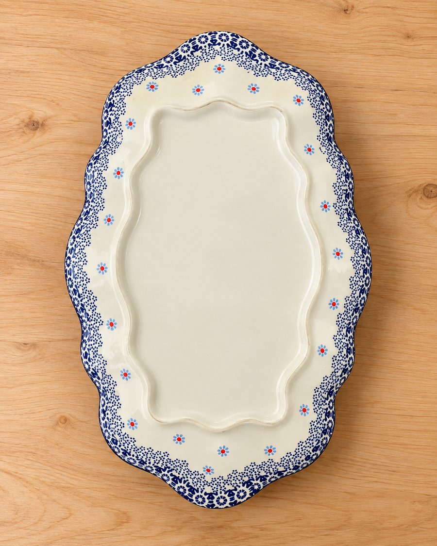Floral Blue Scalloped Ceramic Platter