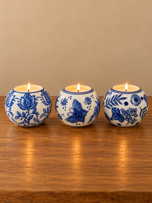 Blue Round Floral Ceramic Tealight Holder